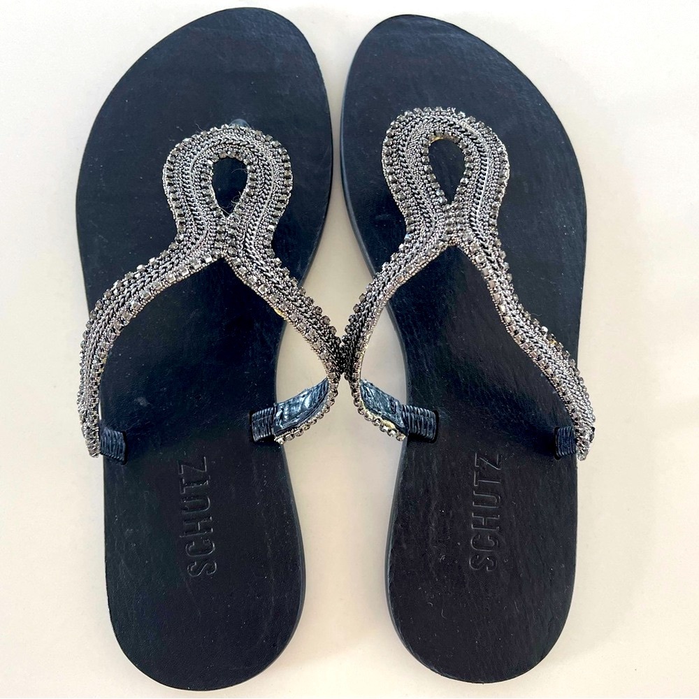 Schutz - Flat Crystal Embellished Thong Sandals / Flip Flops - Onyx - 8.5